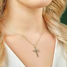 Alternate image for Celtic Pendant - 14k Gold with Diamond and Emerald Claddagh Cross Pendant with Chain