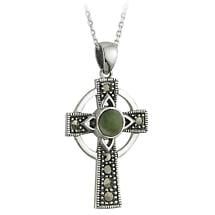 Celtic Pendant - Sterling Silver and Connemara Marble Marcasite Celtic Cross Pendant with Chain Product Image