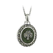 Irish Necklace - Sterling Silver Marcasite Shamrock Marble Pendant with Chain Product Image