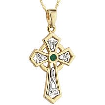 Irish Necklace | 14k Two Tone Gold Emerald Trinity Knot Celtic Cross Pendant Product Image