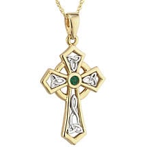 Alternate image for Irish Necklace | 14k Two Tone Gold Emerald Trinity Knot Celtic Cross Pendant