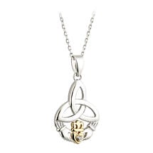 Alternate image for Irish Necklace | Diamond Sterling Silver and 10k Yellow Gold Celtic Trinity Knot Claddagh Pendant