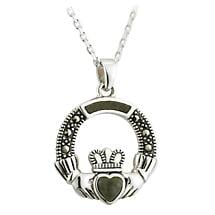 Irish Necklace - Sterling Silver Connemara Marble Marcasite Claddagh Pendant Product Image