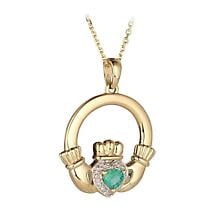 Irish Necklace | 14k Gold Emerald & Diamond Claddagh Pendant Product Image
