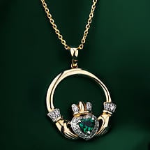 Alternate image for Irish Necklace | 14k Gold Diamond & Emerald Claddagh Pendant