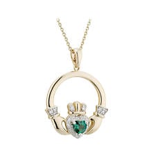 Alternate image for Irish Necklace | 14k Gold Diamond & Emerald Claddagh Pendant