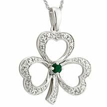 Alternate image for Irish Necklace | 14k White Gold Diamond & Emerald Shamrock Pendant