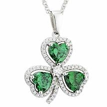 Irish Necklace Sterling Silver Crystal Emerald Shamrock Pendant