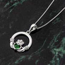 Alternate image for Claddagh Necklace - Sterling Silver Green Crystal Irish Pendant