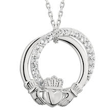 Alternate image for Irish Necklace | Sterling Silver Crystal Circle Claddagh Pendant