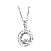 Irish Necklace | Sterling Silver Circle Crystal Claddagh Pendant Product Image