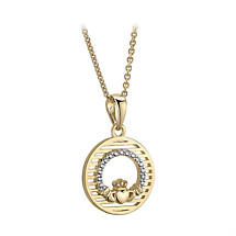 Irish Necklace | Vermeil Gold Overlay Sterling Silver Circle Crystal Claddagh Pendant Product Image