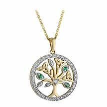 Irish Necklace | 14k Gold Diamond and Emerald Circle Celtic Tree of Life Pendant Product Image