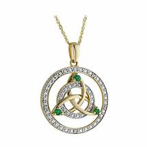 Irish Necklace | 14k Gold Diamond and Emerald Circle Trinity Celtic Knot Pendant Product Image