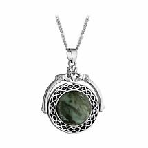 Irish Necklace | Rhodium Plated Connemara Marble Fob Celtic Claddagh Pendant Product Image