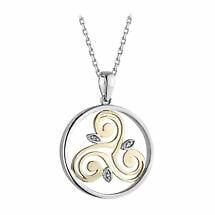 Irish Necklace | Diamond Sterling Silver and 10k Yellow Gold Round Celtic Spiral Triskele Pendant Product Image