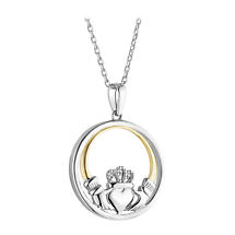 Irish Necklace | Diamond Sterling Silver and 10k Yellow Gold Round Claddagh Pendant Product Image