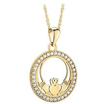 Irish Necklace | 10k Yellow Gold CZ Circle Claddagh Pendant Product Image