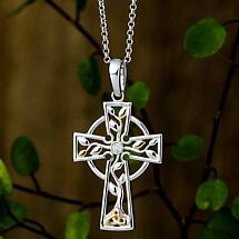 Alternate image for Irish Necklace | 10k Gold & Sterling Silver Diamond Tree of Life Celtic Cross