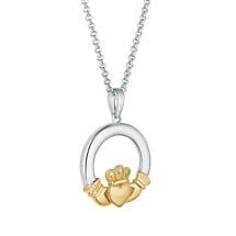 Irish Necklace | Diamond 10k Gold & Sterling Silver Ladies Claddagh Pendant Product Image