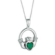 Irish Necklace | Sterling Silver Large Green Crystal Heart Claddagh Pendant Product Image