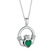 Alternate image for Irish Necklace | Sterling Silver Large Green Crystal Heart Claddagh Pendant