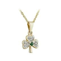 Irish Necklace | 9k Gold Crystal & Green Agate Shamrock Pendant Product Image