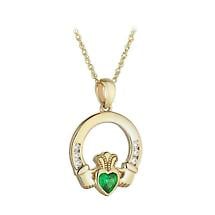 Irish Necklace | 9k Gold Green Crystal Heart Claddagh Pendant Product Image
