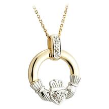 Irish Necklace - 14k Two Tone Gold and Diamond Claddagh Pendant with Chain Product Image