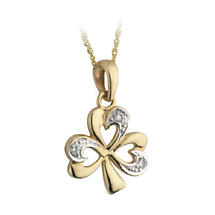 SALE - Irish Necklace - 14k Gold Two Tone Diamond Shamrock Pendant Product Image