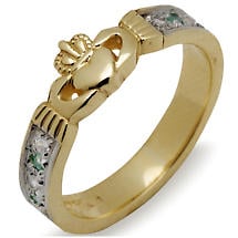 Irish Wedding Band - 10k Gold Ladies Emerald and Diamond Claddagh Ring Product Image