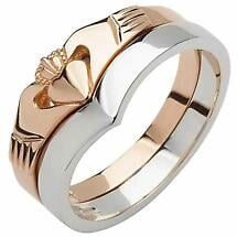 Irish Wedding Band - 10k Rose and White Gold Ladies Elegant Two Piece Wishbone Claddagh Ring Product Image