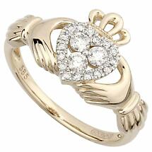 Claddagh Ring - 14k Yellow Gold 3 Diamond Heart Ladies Irish Claddagh Product Image