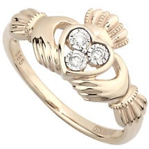 Alternate image for Claddagh Ring - Ladies Irish Claddagh Ring 14k Yellow Gold with 3 Diamonds