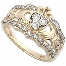 Claddagh Ring - 14k Yellow Gold Diamond Ladies Irish Claddagh Band Product Image