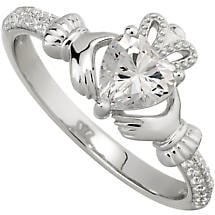 Alternate image for Irish Ladies Sterling Silver Crystal Birthstone Claddagh Ring