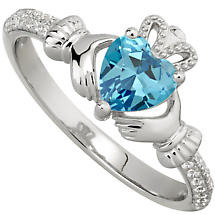 SALE | Irish Ladies Sterling Silver Crystal March Birthstone Claddagh Ring Product Image