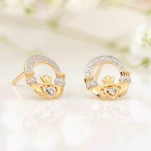 Alternate image for Claddagh Earrings - 14k Gold with Diamonds Claddagh Stud Earrings