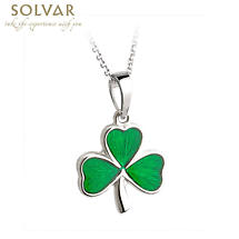 Irish Necklace - Sterling Silver and Green Enamel Shamrock Pendant with Chain Product Image
