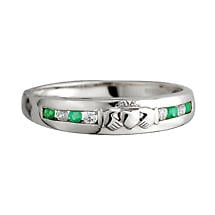 Claddagh Ring - Ladies 14k White Gold with 8 Diamonds and Emerald Claddagh Product Image