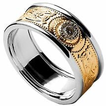 Celtic Ring - Men's Yellow Gold with White Gold Trim and Diamond Warrior Shield Wedding Ring Product Image