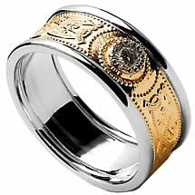 Alternate image for Celtic Ring - Men's Yellow Gold with White Gold Trim and Diamond Warrior Shield Wedding Ring