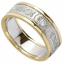 Celtic Ring - Ladies White Gold with Yellow Gold Trim and Diamond Warrior Shield Wedding Ring Product Image