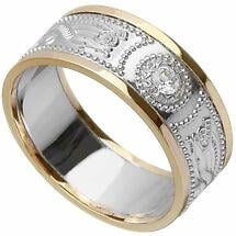 Celtic Ring - Men's White Gold with Yellow Gold Trim and Diamond Warrior Shield Wedding Ring Product Image